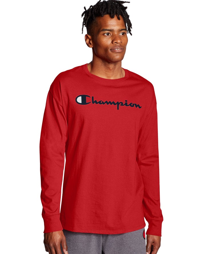 Champion Classic Long-Sleeve Script Logo Erkek Tişört Kırmızı ( GDVLHM613 )